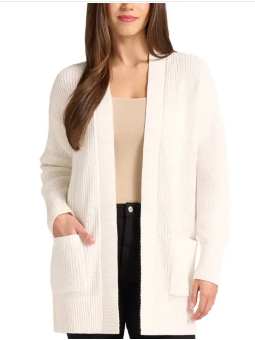 Max & Mia Open-Front Cream Ribbed Pocket Cardigan 100% Cotton Sweater